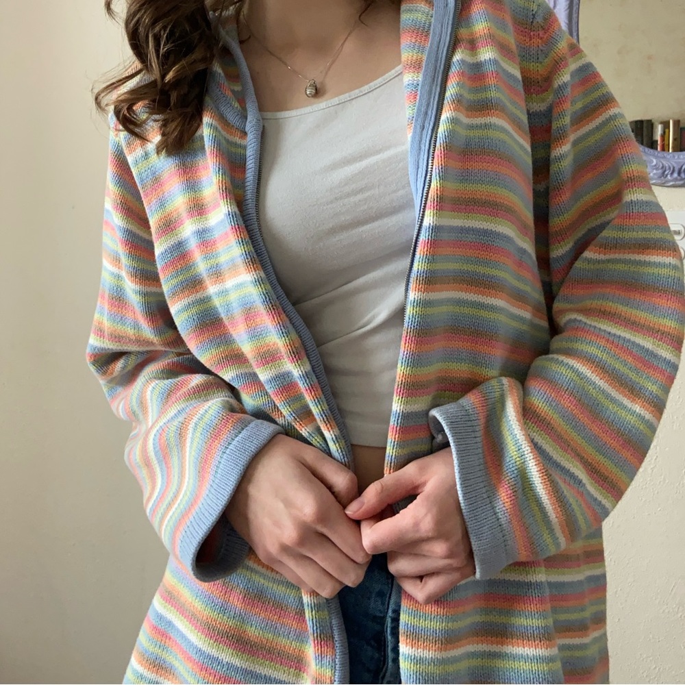 Multicolor Pastel Zip-up Hooded Sweater Size L